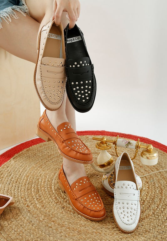 Oglavia Studs Embellished Leather Loafers - Tigbul's Variety Fashion Shop