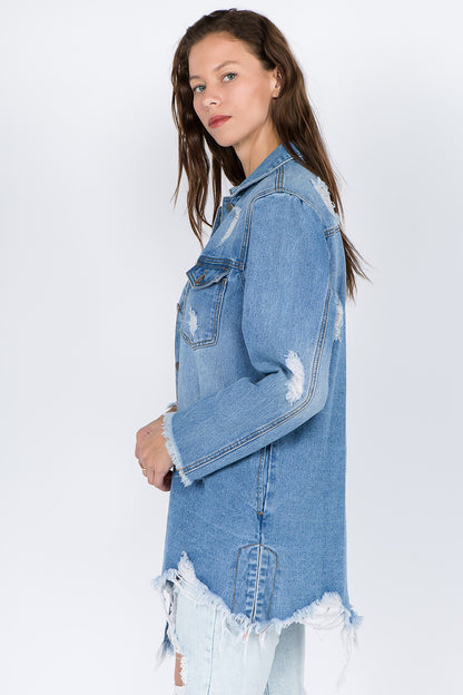 Blue Distressed Frayed Hem Denim Jacket - Tigbul's Variety Fashion Shop