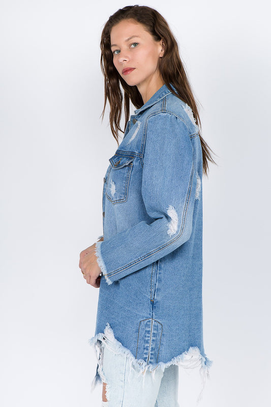 Blue Distressed Frayed Hem Denim Jacket - Tigbul's Variety Fashion Shop