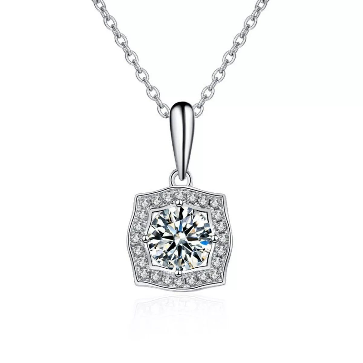 Sterling silver moissanite-style pendant with hexagonal halo and prong-set center stone