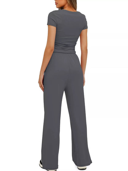 Round Neck Short Sleeve T-Shirt and Pants Set - Tigbul's Variety Fashion Shop