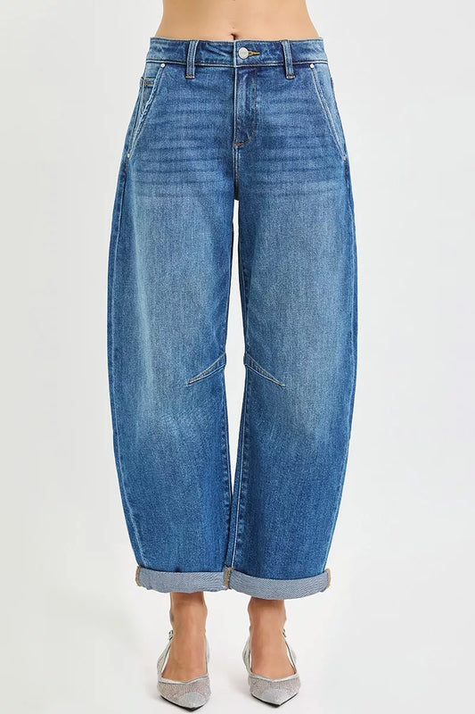 RISEN Slouchy Cropped Barrel Jeans With Cuffed Hem - Tigbul's Variety Fashion Shop