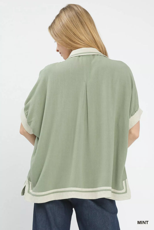 Linen Button Front Top with Contrast Piping - Tigbul's Variety Fashion Shop