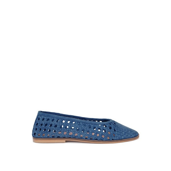 Blue suede ballet flats with stitched pattern and perforated design, side angle