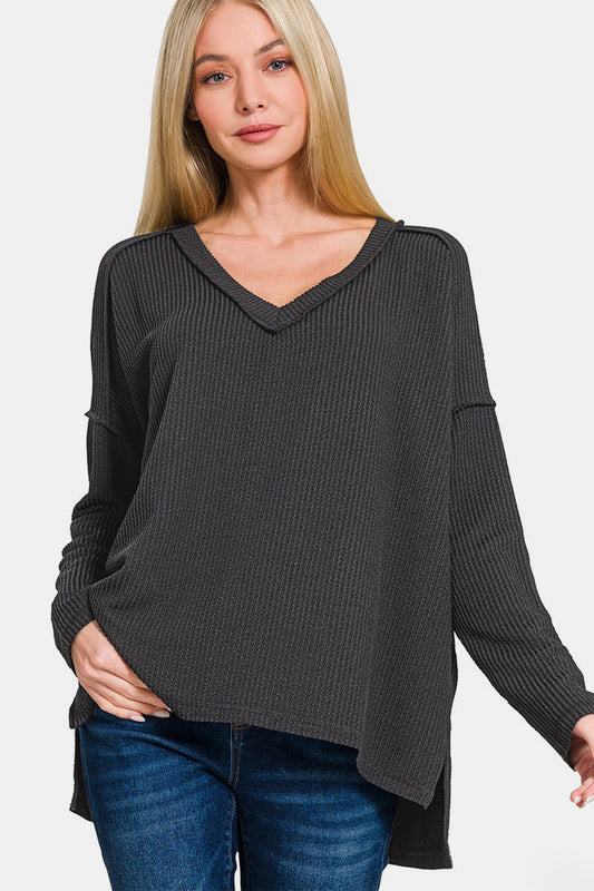 Zenana Texture Exposed Seam V-Neck Long Sleeve T-Shirt - Tigbul's Variety Fashion Shop