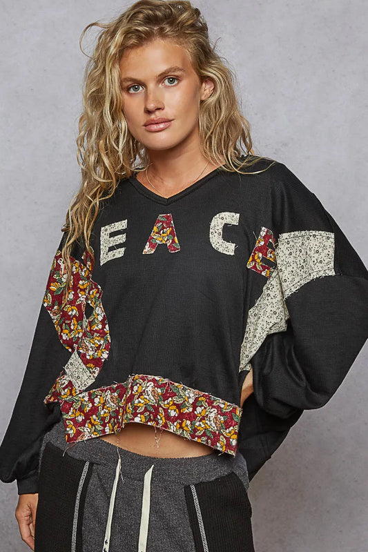POL Peace Patch Floral Long Sleeve Hoodie - Tigbul's Variety Fashion Shop