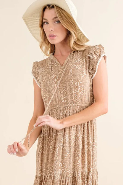 Boho Printed Tiered Taupe Maxi Dress - Tigbul's Variety Fashion Shop