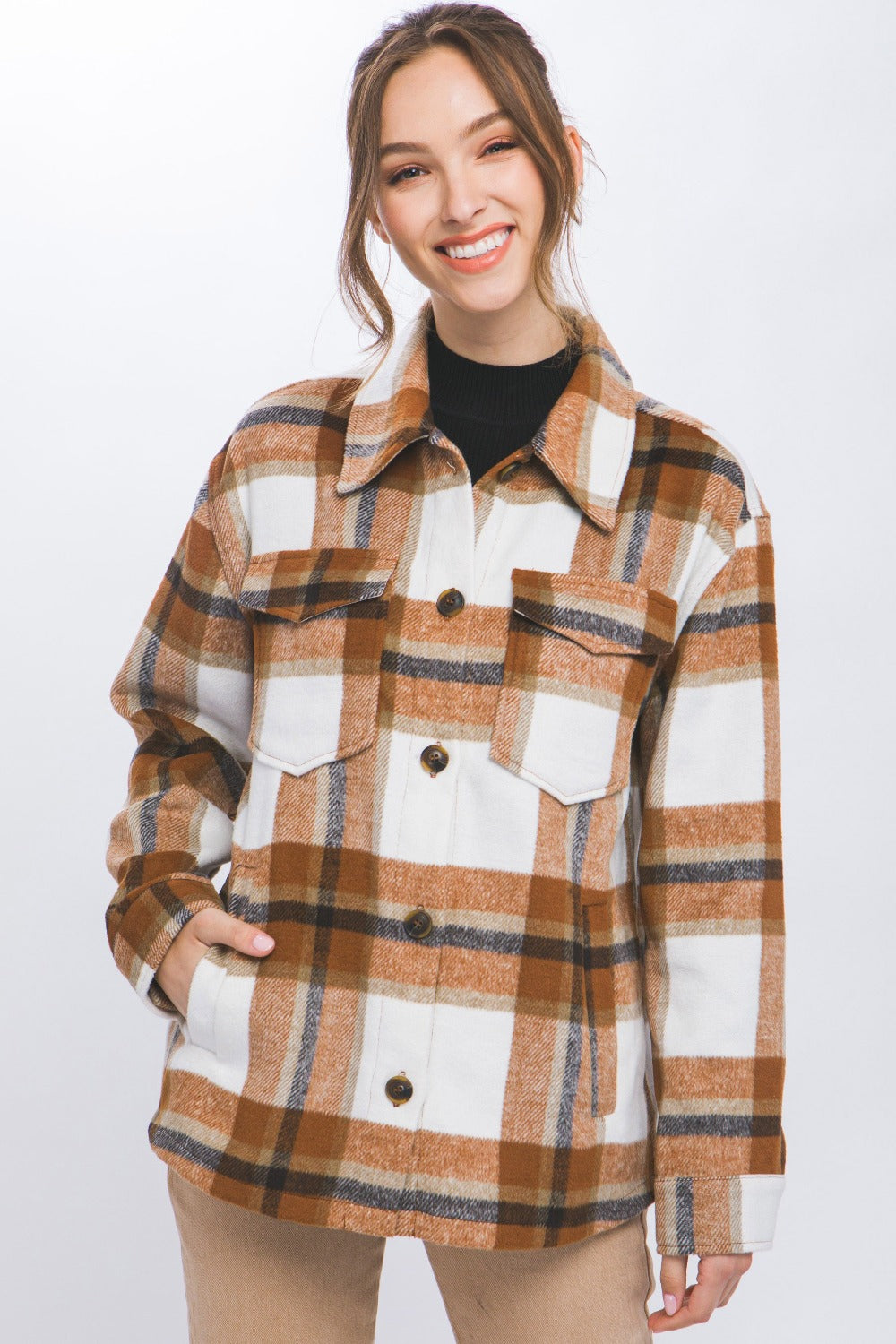 Tan Plaid Button Up Shacket | Tigbuls Variety Fashion