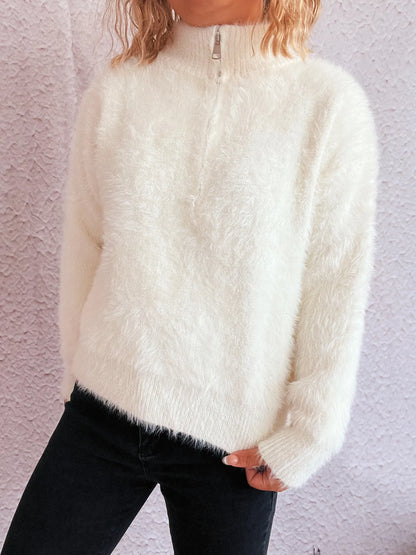 Cozy Fuzzy Half-Zip Sweater - Tigbul's Variety Fashion Shop