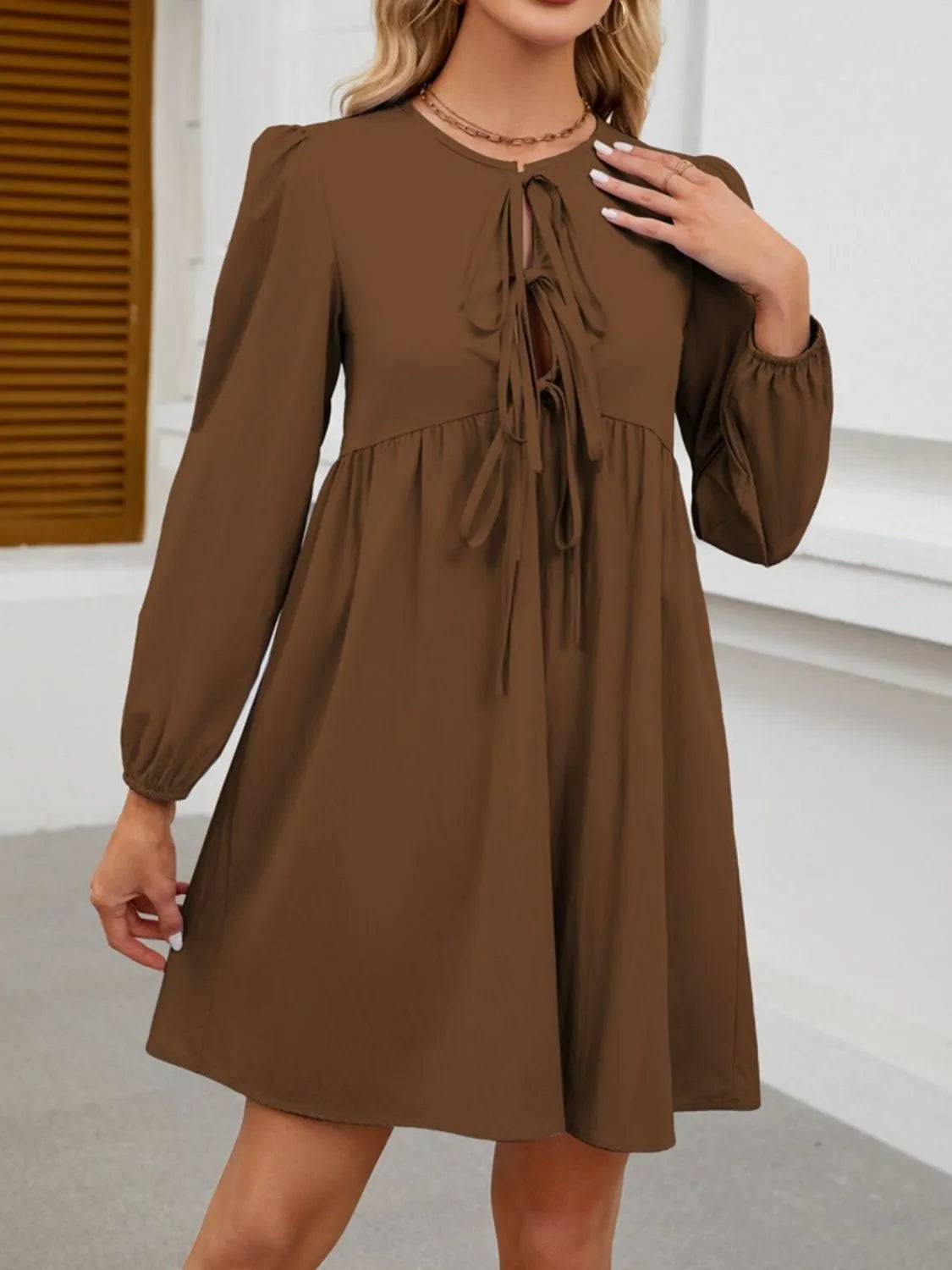 Tie Front Long Sleeve Mini Dress - Tigbul's Variety Fashion Shop