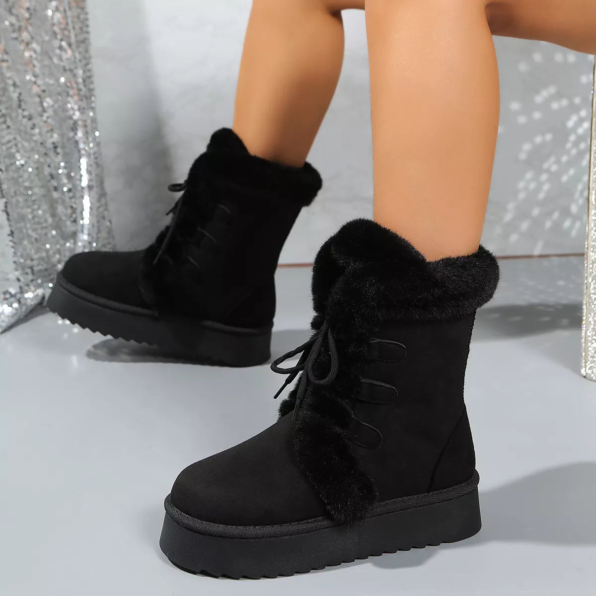 Fuzzy Trim Lace-Up Platform Boots - Tigbul's Variety Fashion Shop