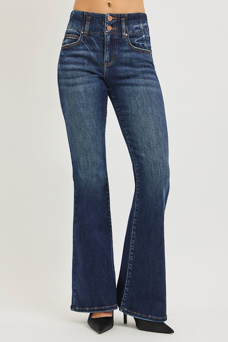 High-rise flare jeans in dark wash denim, side profile with stitched seams