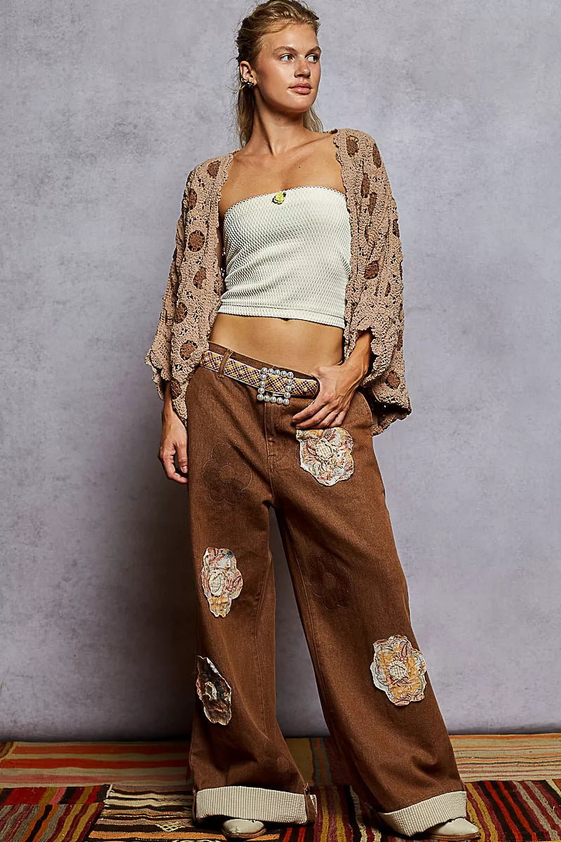 POL Openwork V-Neck Chenille Cardigan with Contrast Floral - Tigbul's Variety Fashion Shop