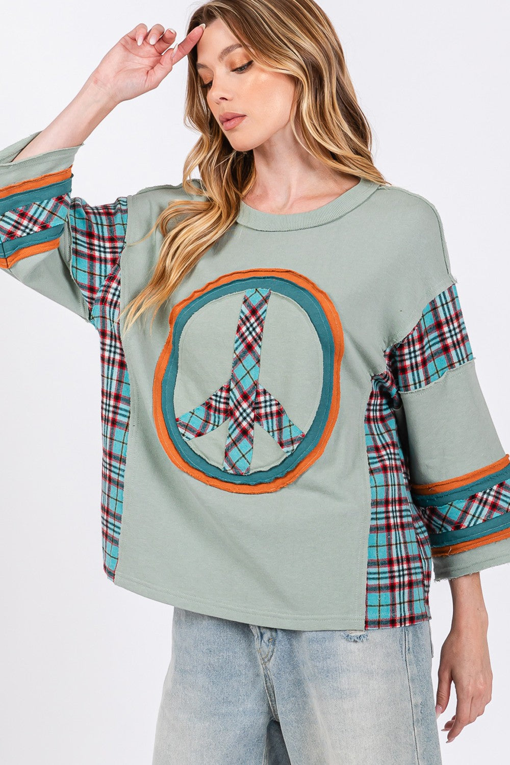 SAGE + FIG Peace Applique Patch Contrast Plaid Top - Tigbul's Variety Fashion Shop