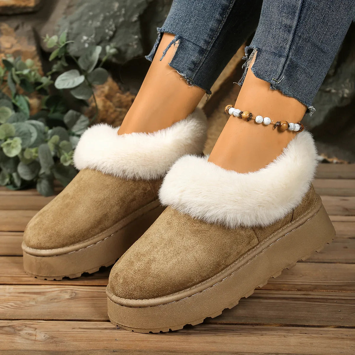 Fuzzy Trim Round Toe Platform Boots - Tigbul's Variety Fashion Shop