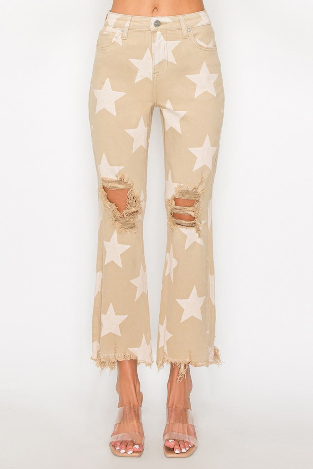 RISEN Full Size High Rise Star Printed Frayed Hem Jeans - Tigbul's Variety Fashion Shop