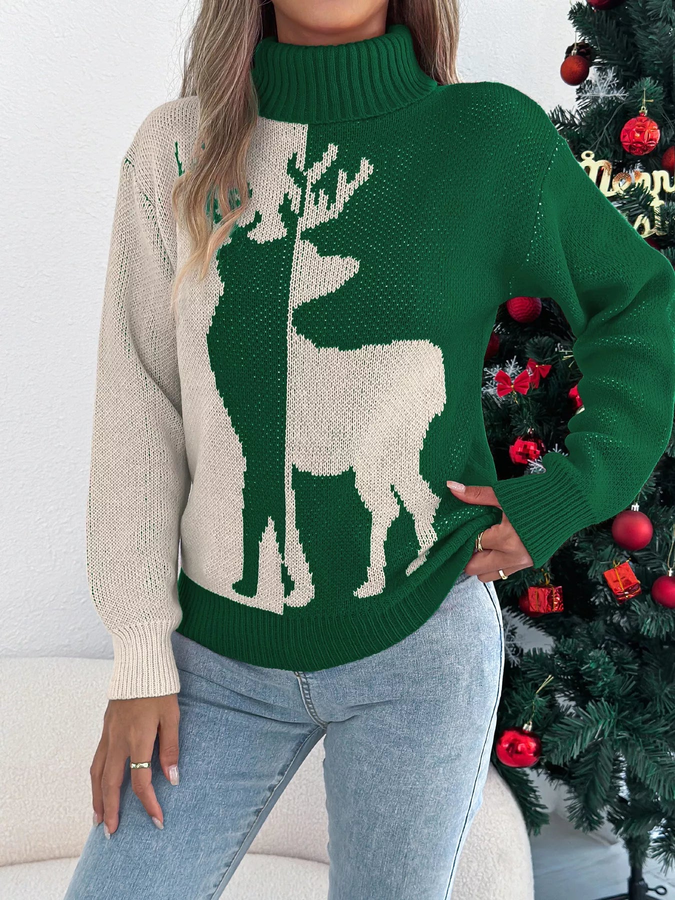 Christmas Reindeer Turtleneck Sweater - Tigbul's Variety Fashion Shop