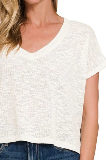 Hacci Slub V-neck Drop Shoulder Ivory Crop Top - Tigbul's Variety Fashion Shop