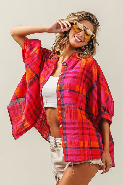 BiBi Button Up Dolman Sleeve Plaid Shirt - Tigbul's Variety Fashion Shop