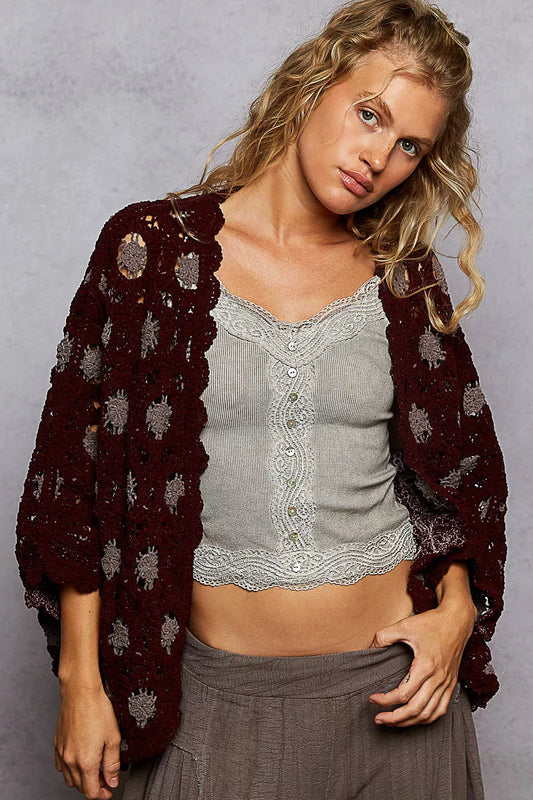 POL Openwork V-Neck Chenille Cardigan with Contrast Floral - Tigbul's Variety Fashion Shop