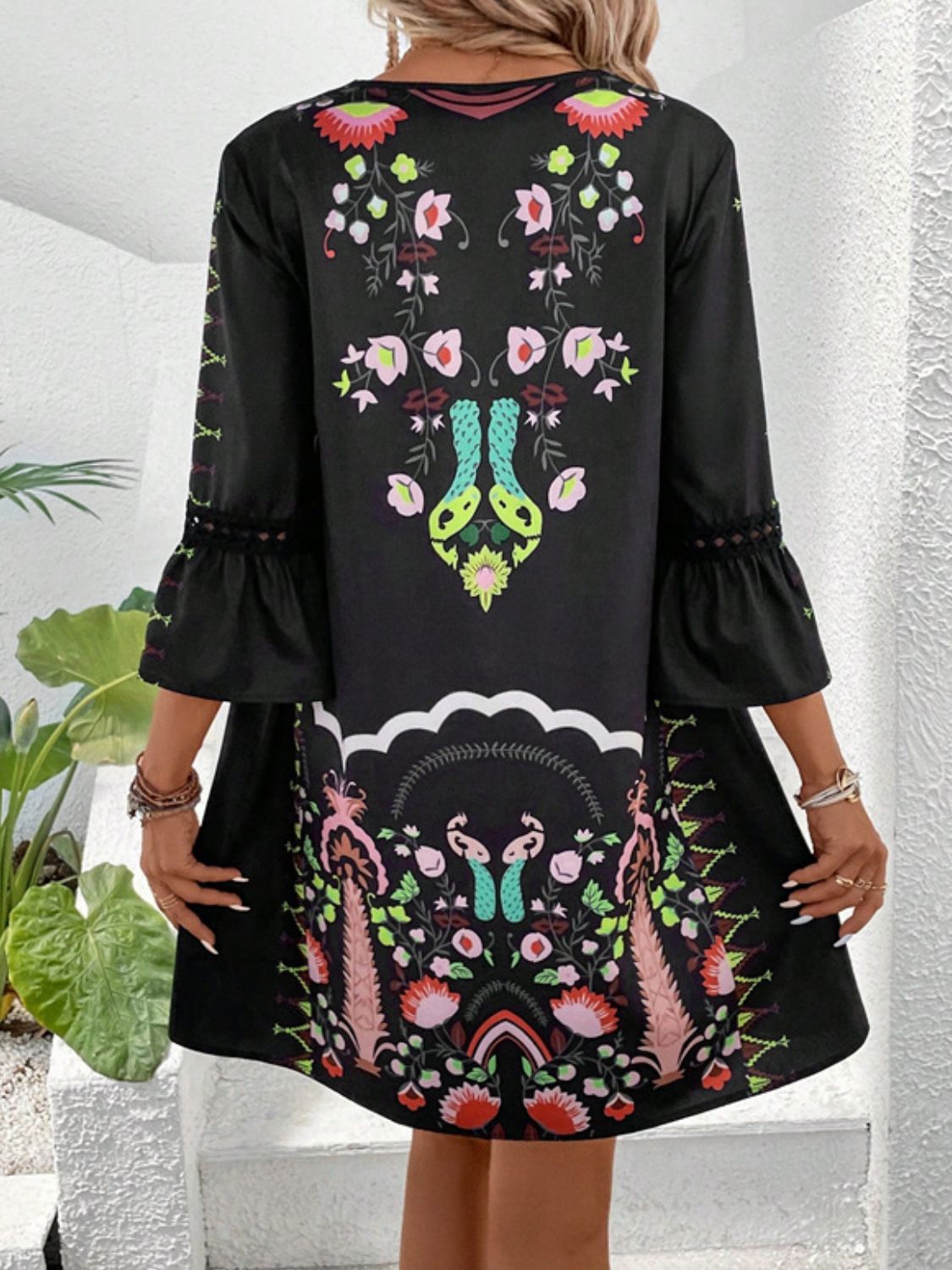 Lace Detail Printed Three-Quarter Sleeve Dress - Tigbul's Variety Fashion Shop