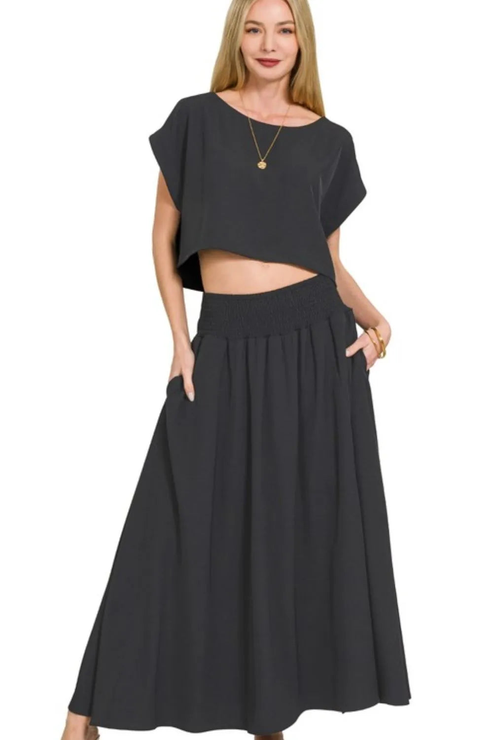 Zenana Heavy Woven Span Crop Tee & Skirt Set - Tigbul's Variety Fashion Shop