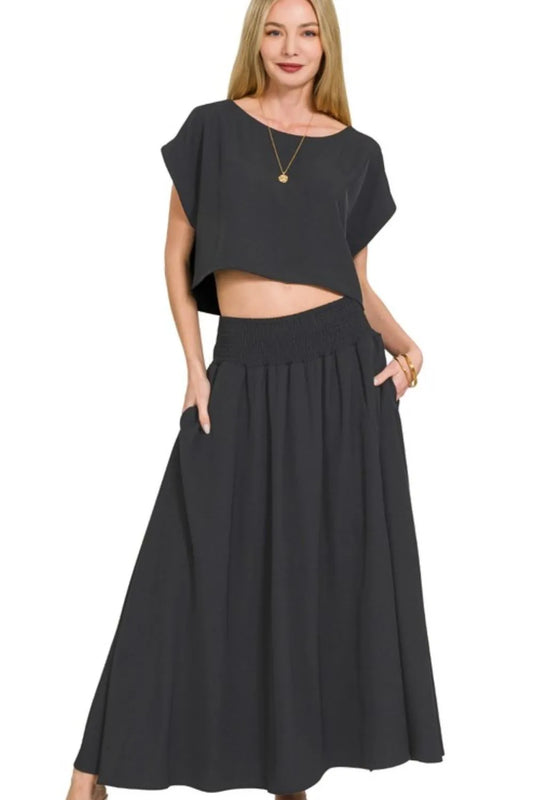 Zenana Heavy Woven Span Crop Tee & Skirt Set - Tigbul's Variety Fashion Shop