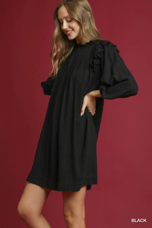 Umgee Linen Ruffle Shoulder Pleated Babydoll Dress - Tigbul's Variety Fashion Shop
