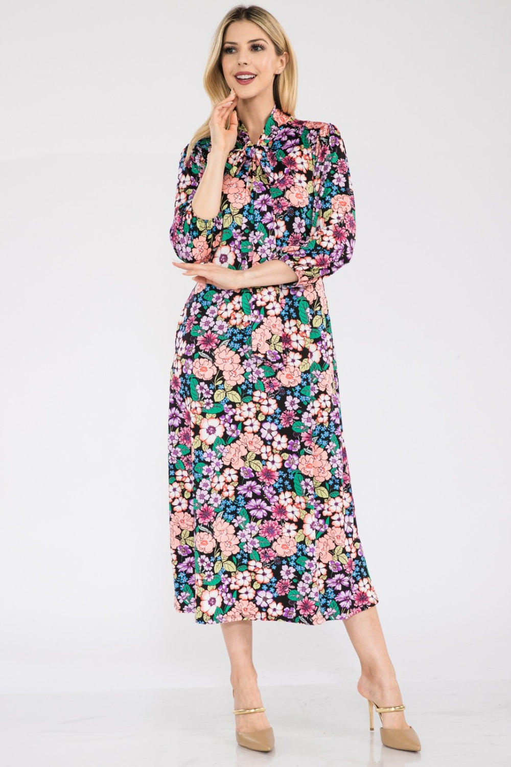 Size Small to 3XL Floral Midi Dress with Bow Tie - Tigbul's Variety Fashion Shop