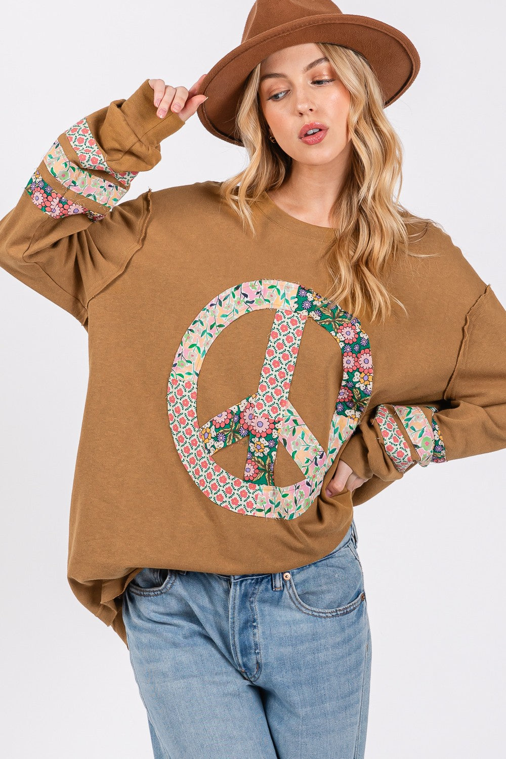 SAGE + FIG Peace Applique Patch Long Sleeve Top - Tigbul's Variety Fashion Shop