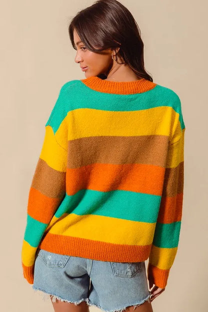 SO ME Multi Color Stripe Sweater with Ribbed Detail - Tigbul's Variety Fashion Shop