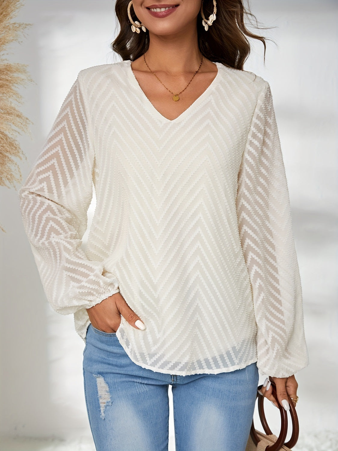 Textured V-Neck Balloon Sleeve Blouse - Tigbul's Variety Fashion Shop