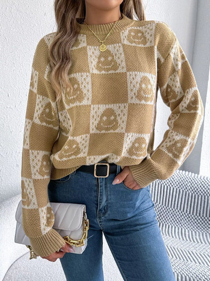Halloween Ghost Pattern Checkered Round Neck Sweater - Tigbul's Variety Fashion Shop