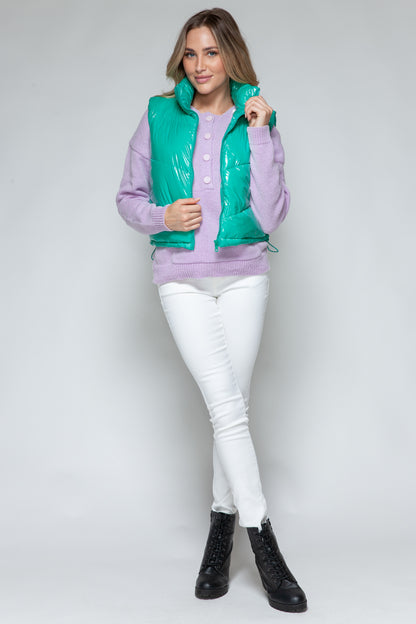 Green Zip Up Turtleneck Shiny Quilted Vest - Tigbul's Variety Fashion Shop