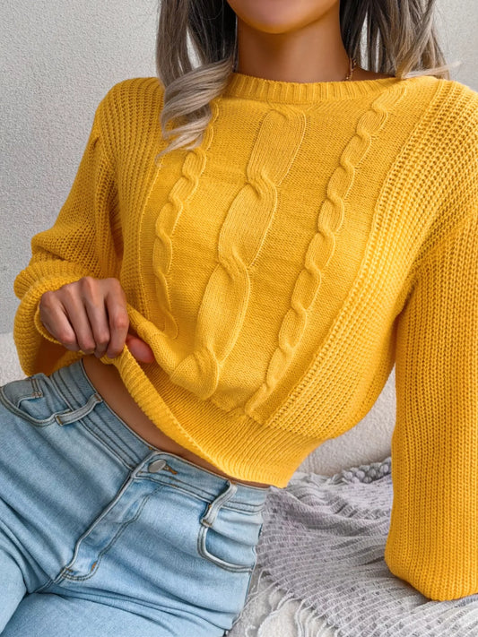 Cable Knit Round Neck Cropped Sweater - Tigbul's Variety Fashion Shop