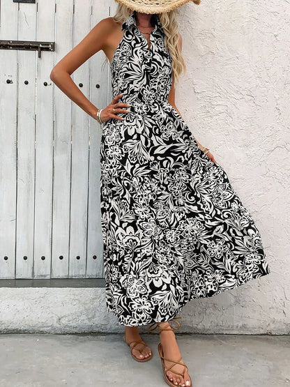 Backless Smocked Printed Sleeveless Black Midi Dress - Tigbul's Variety Fashion Shop