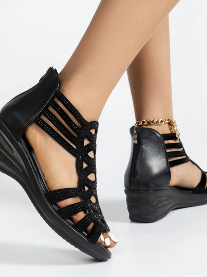 Strappy Wedge Sandals with Rhinestone Details - Tigbul's Variety Fashion Shop