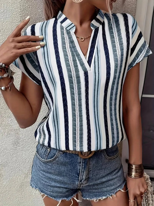 Striped Notched Short Sleeve Shirt - Tigbul's Variety Fashion Shop