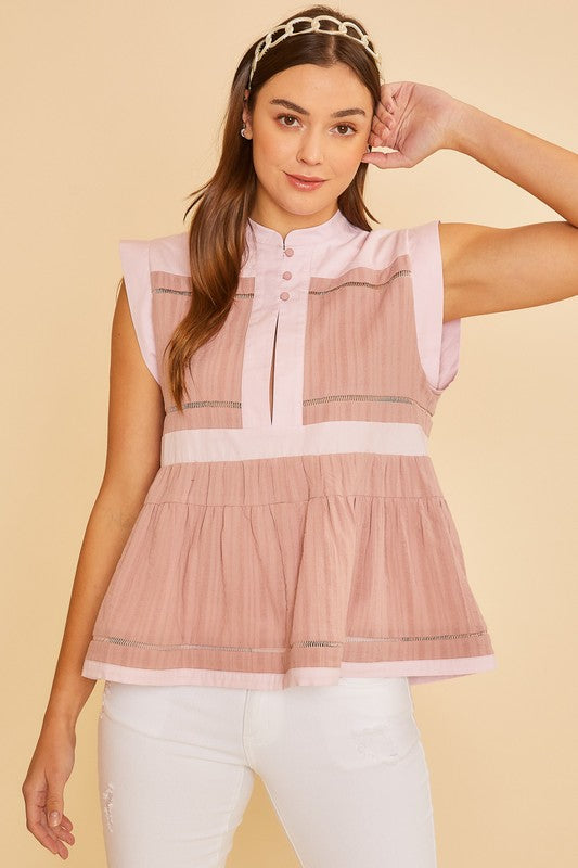 Pink Contrast Trim Peplum Button Detail Blouse - Tigbul's Variety Fashion Shop