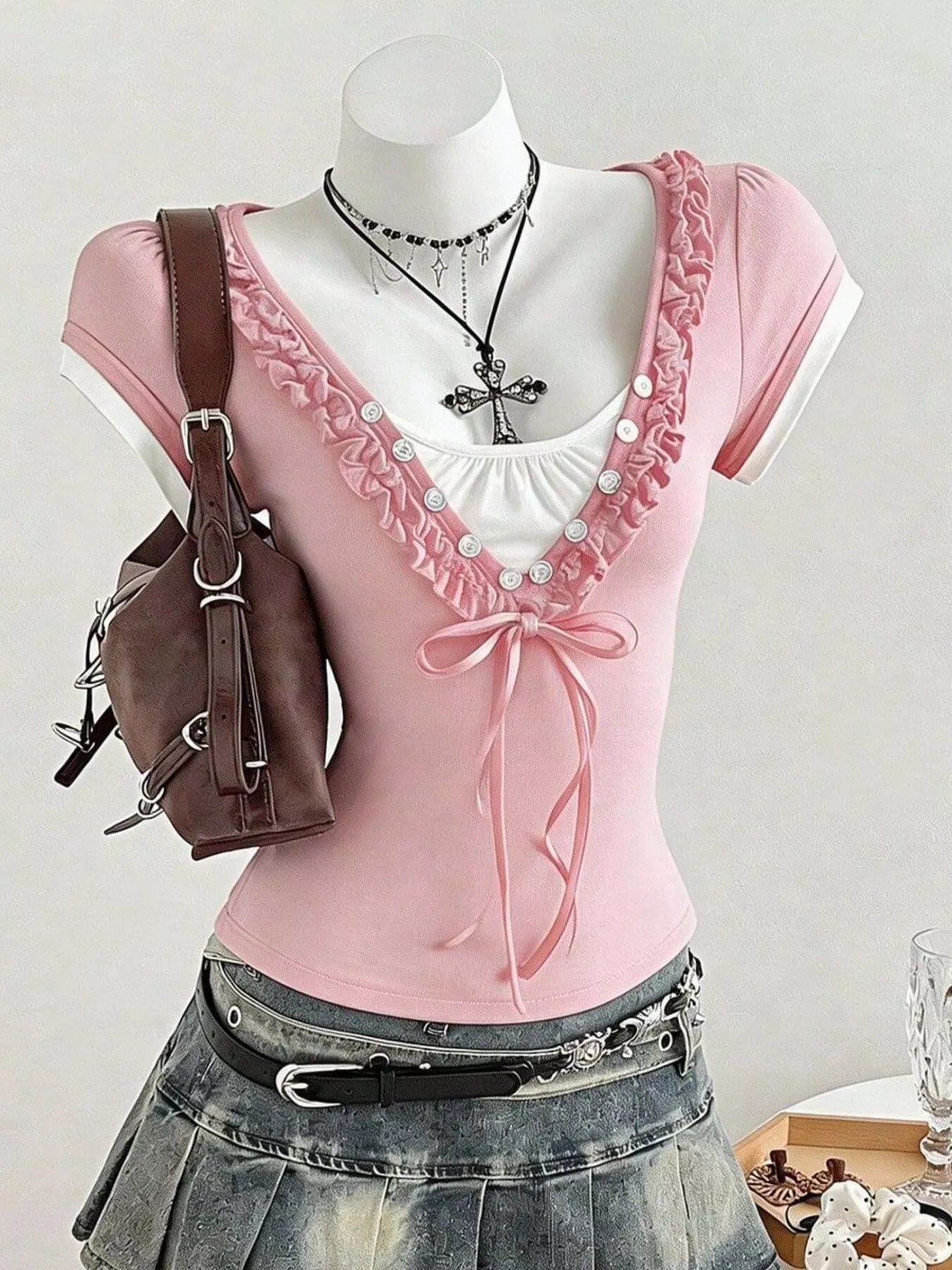 Pink frill cap sleeve slim fit T-shirt with ruched trim and center bow