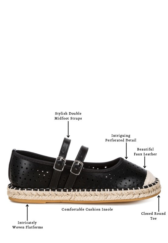 Black woven dual buckle flats with perforated upper, closed round toe, espadrille platform sole