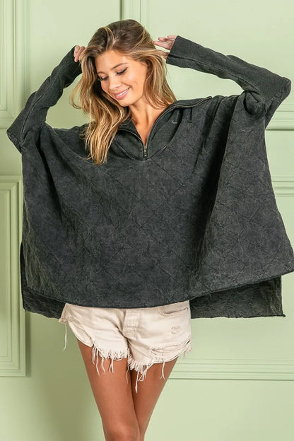 BiBi Vintage Washed Quilted Half Zip Top - Tigbul's Variety Fashion Shop