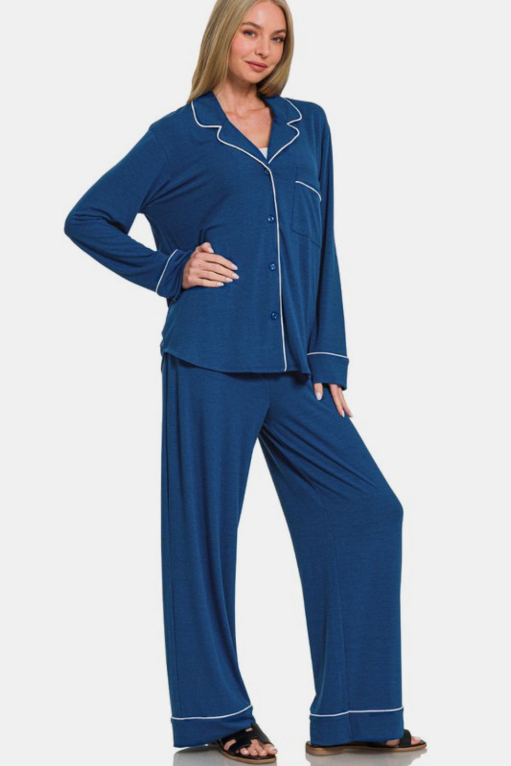 Zenana Button Down Long Sleeve Top and Pants Lounge Set - Tigbul's Variety Fashion Shop