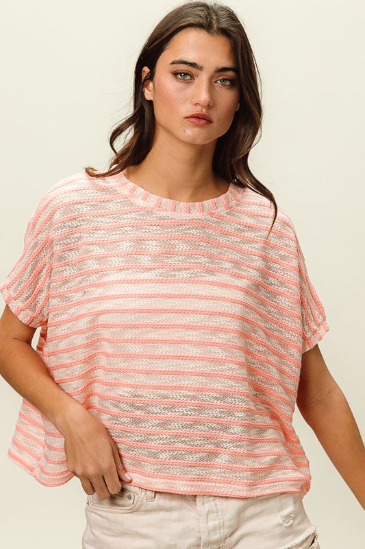 BiBi Braid Striped Short Sleeve Round Neck T-Shirt - Tigbuls Variety Fashion