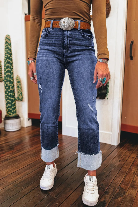 Folded Cuffs Distressed Straight High Waist Jeans - Tigbul's Variety Fashion Shop
