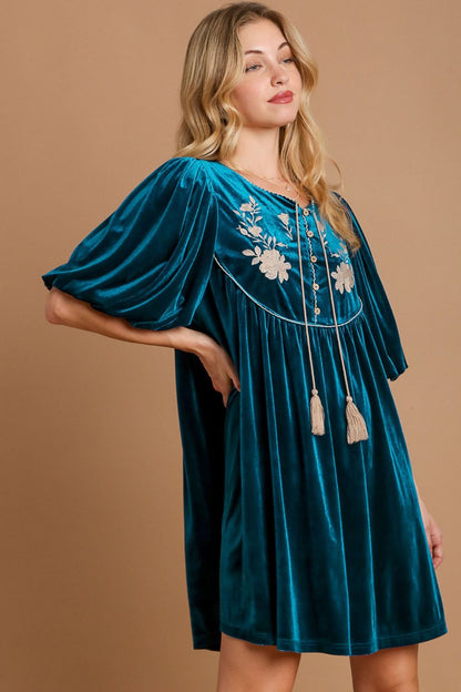 Umgee Embroidered Half Sleeve Velvet Mini Dress with Tassel - Tigbul's Variety Fashion Shop