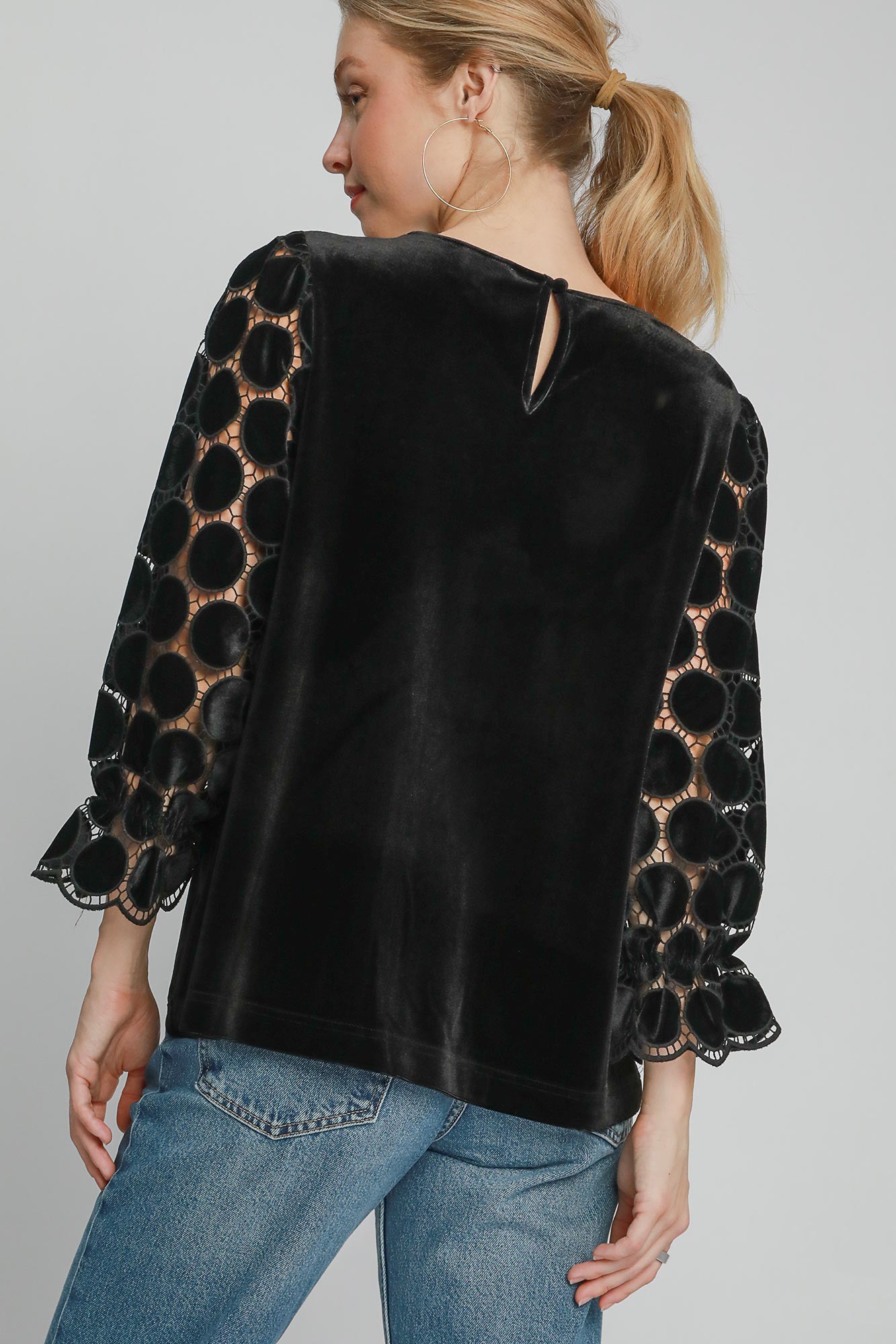 Umgee Polka Dot Lace Long Sleeve Round Neck Blouse - Tigbul's Variety Fashion Shop