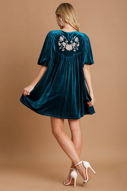 Umgee Embroidered Half Sleeve Velvet Mini Dress with Tassel - Tigbul's Variety Fashion Shop