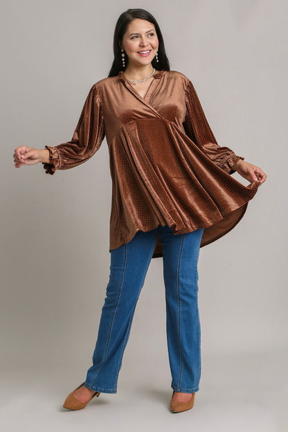 Beaded Brown Velvet Babydoll Blouse - Tigbul's Variety Fashion Shop