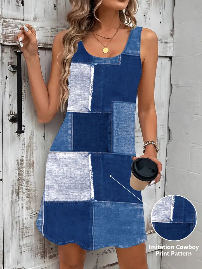 Patchwork Scoop Neck Denim Tank Dress - Tigbul's Variety Fashion Shop